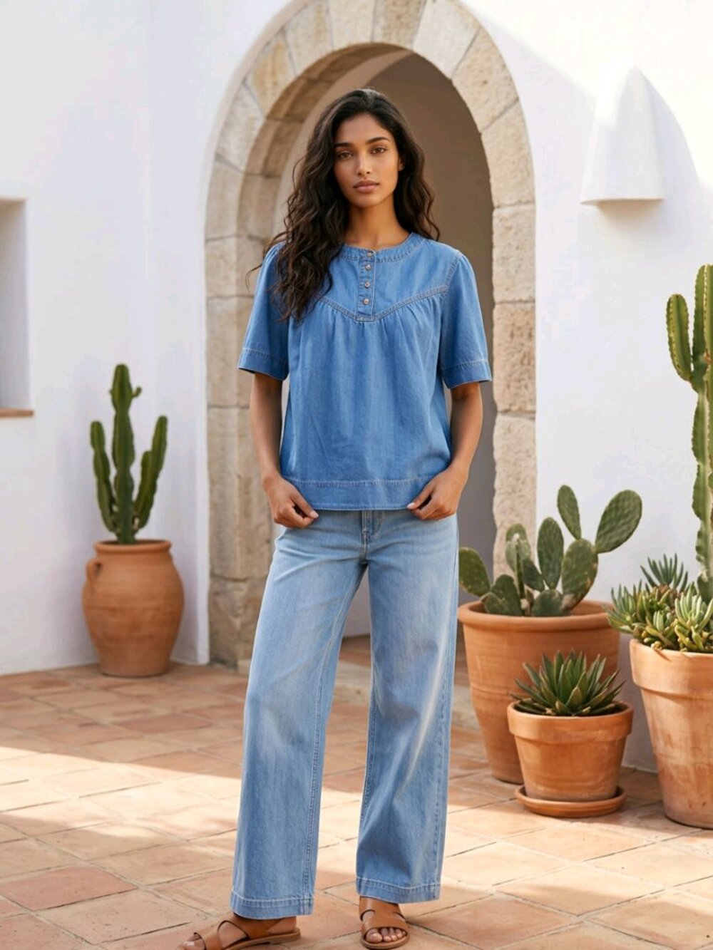 Denim Button Yoke Short Sleeve Top - Blue